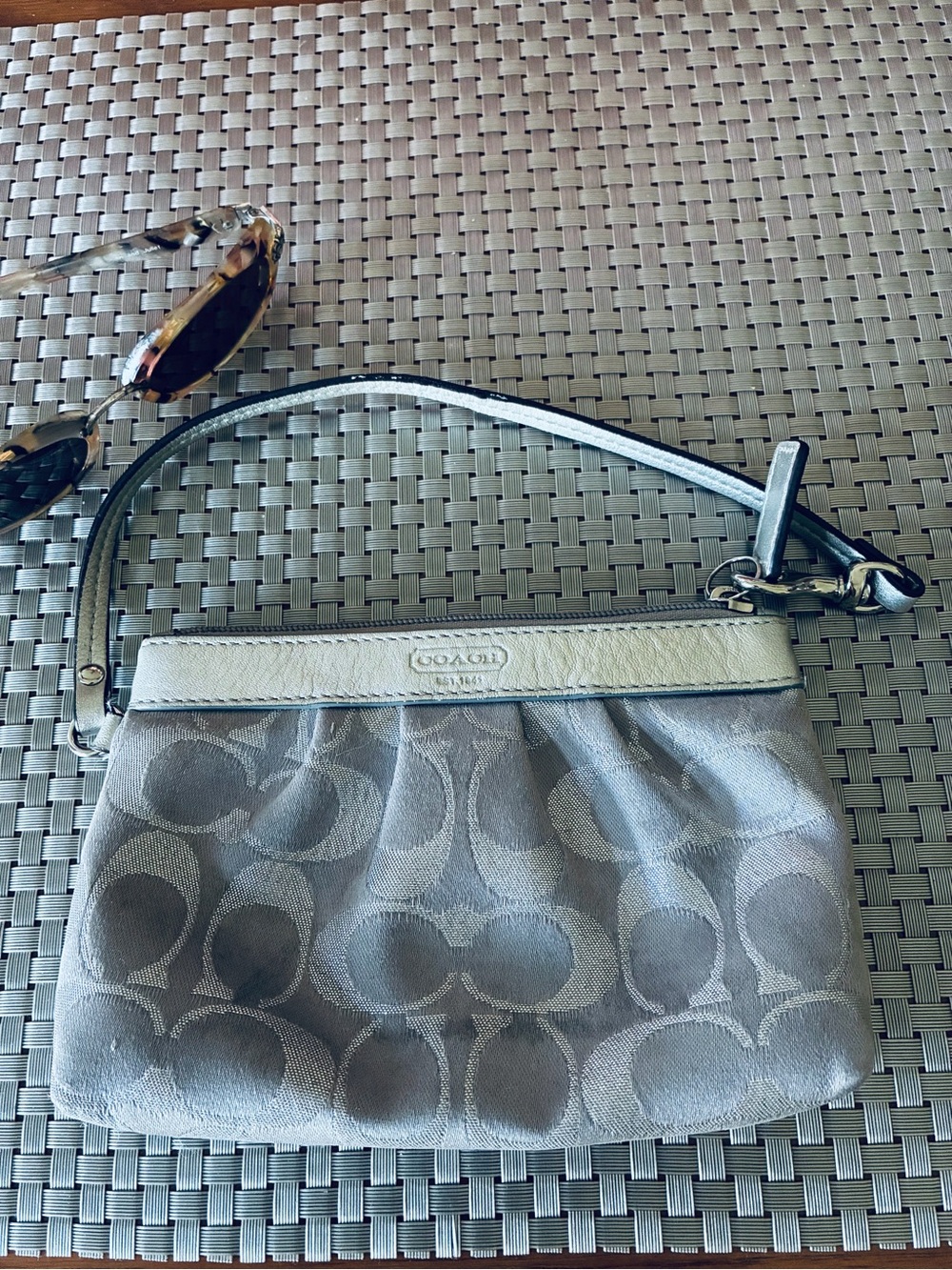 Coach Shimmer Signature Wristlet in Silver Tone Metallic
